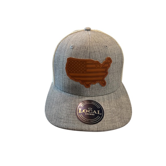 Local Crowns Other - Local Crowns Trucker Hat Mens OSFM Gray USA Leather Patch Mesh Snapback July 4th